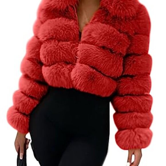 Women's Fluffy Faux Fur Cropped Puffer Jacket Zip Up Winter Warm - Picture 2 of 7